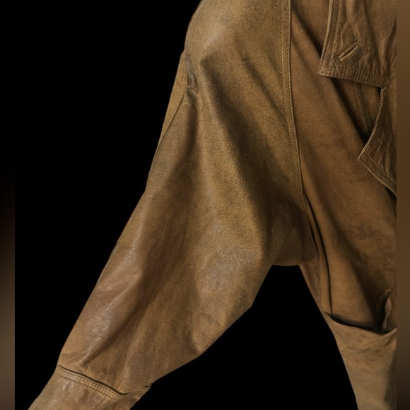 VINTAGE 1989 WINLIT BROWN‎ LEATHER DOUBLE BREAST TRENCH COAT SIZE MEDIUM - Picture 4 of 13